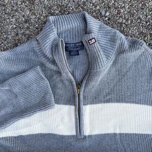 Polo Jeans Ralph Lauren 1/4 Zip Ribbed Sweater Men’s Large Gray Striped Preppy